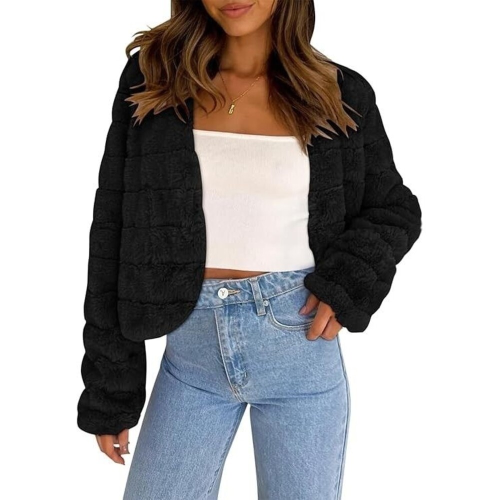 Old Money Black Faux Fur Cropped Jacket Shaggy Fleece Warm Winter Coat
